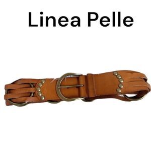 Linea Pelle Buckle Belt Woven Handmade Studded Genuine Leather Brown S